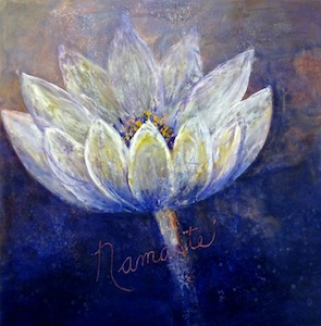 White lotus on blue background, with the inscription Namaste, a Sanskrit term meaning the Divinity in Me salutes the Divinity in you.